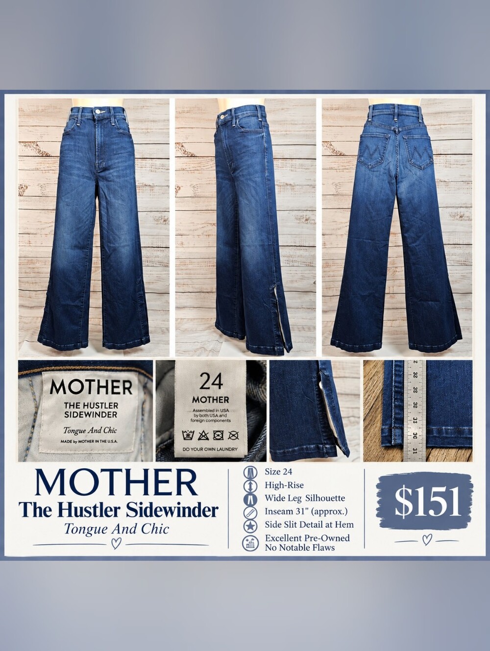 MOTHER The Hustler Sidewinder High Rise Wide Leg Jeans Size 24 Tongue And Chic